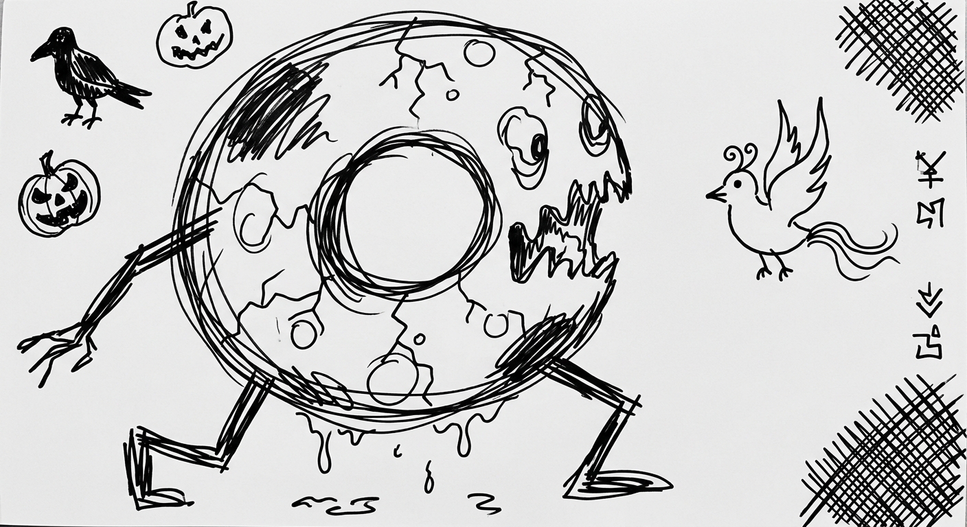 A child's drawing of a cracked, dripping ring standing on long spindly legs, facing the viewer, surrounded by scribbled sound words.