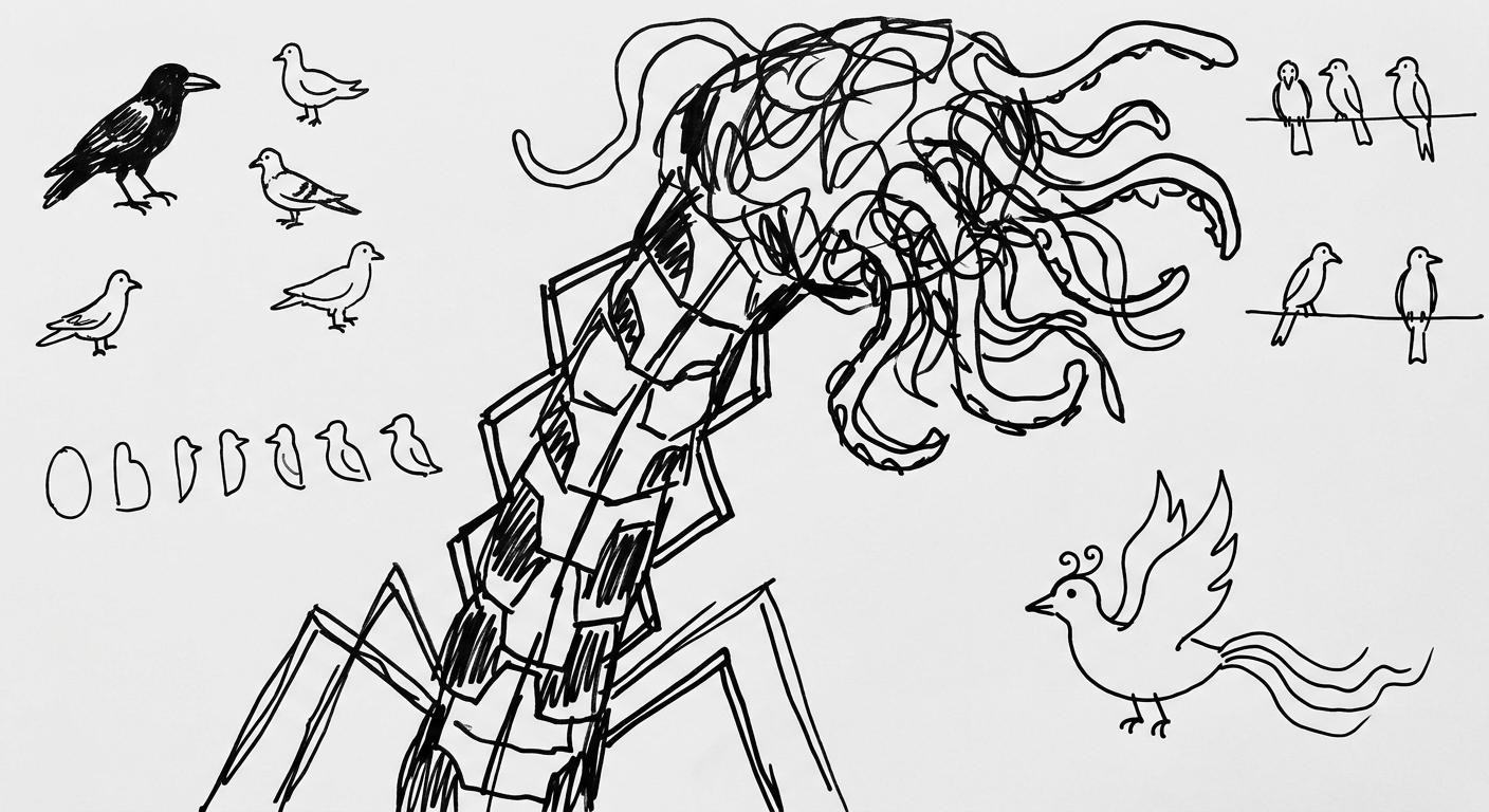 A drawing of a flickering chitinous stalk of tentacles.