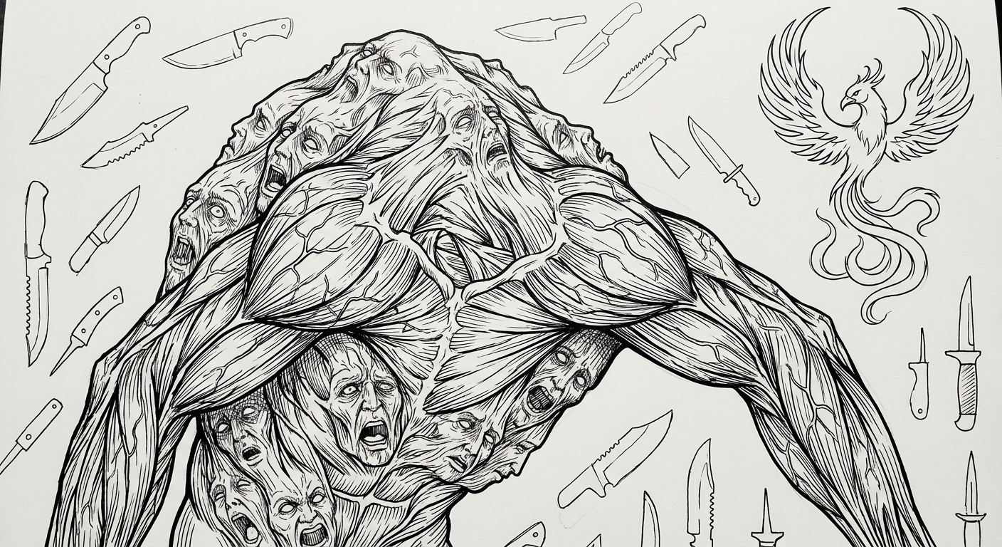 A detailed ink drawing of a wedge of raw, veined muscle crowded with screaming faces, sliding toward the viewer.